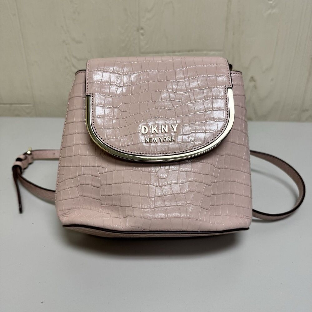 DKNY Purse Faith Flap Bucket Crossbody Bag Croc Embossed Leather Pink Desinger
